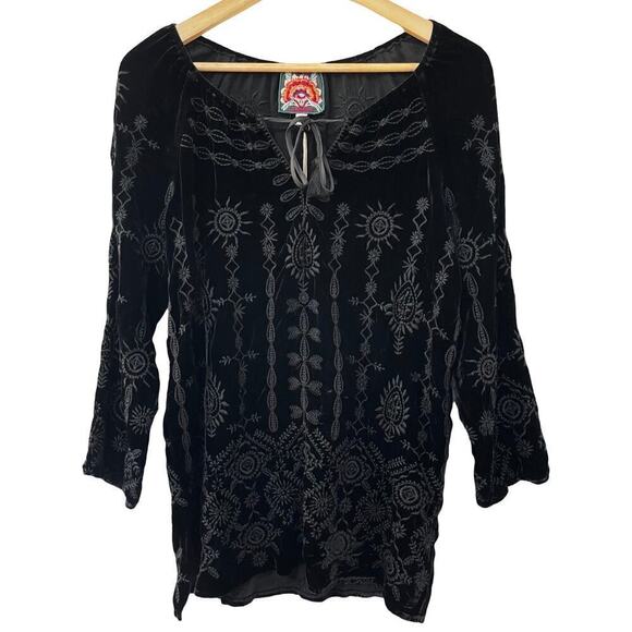 Johnny Was Velvet Althea Embroidered Peasant Tunic Top Size XS Black Boho NEW - Picture 1 of 7
